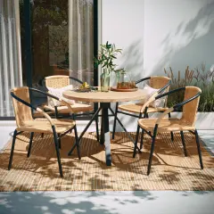 Emma and Oliver 4 Pack Rattan Indoor-Outdoor Restaurant Stack Chair with Curved Back Beige