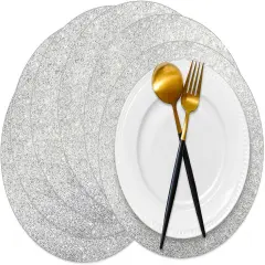 50 Pieces Silver Glitter Paper Place Mats Sparkle Round Disposable Table Mats Silver Sequin Doilies Decorative Placemats for Wedding Banquet Party Home Dining Tableware