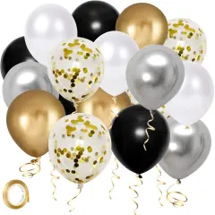 Black Gold Silver party Balloons, 50pcs 12 Inch Metallic Thicker Latex Confetti Balloons with Ribbon for Wedding Birthday Baby Shower Decorations (BlackGoldSilver50pcs)