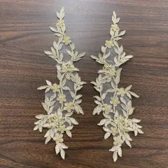 1 Pair Beaded & Corded Floral Lace Applique 13" x 4" Each Side Metallic Gold