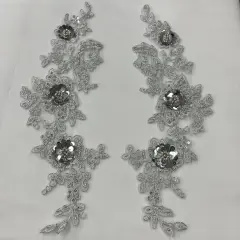 1 Pair Beaded & Corded Floral 3D Lace Applique Embroidered on 100% Polyester Net Mesh, 14" X 3 " Wide Each Side Silver