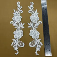 1 Pair Beaded & Corded Lace Applique 10" x 2" Each Side White