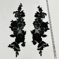 1 Pair Beaded & Corded Floral Lace Applique for Bridal & Quinceanera Dresses 100% Polyester Mesh 20" x 5.5" Each Side Black