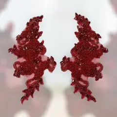 1 Pair Crystal Rhinestone Beaded & Corded Lace 100% Polyester, 12" x 5" Each Side Red / Gold