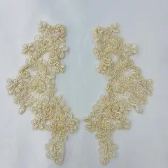 1 Pair 9" x 3" Each Side Beaded & Corded Floral Lace Applique Organza Champagne