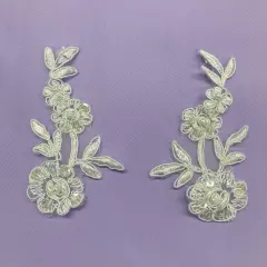 1 Pair Beaded & Corded Floral Lace Applique 4" x 2" Each Side Ivory