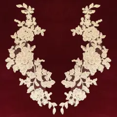 1 Pair Beaded & Corded Floral Lace Applique on 100% Polyester Net Mesh 13" x 3" Each Side Ivory