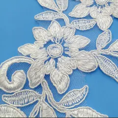 1 Pair 15" x 4" Corded Floral Applique Embroidered on 100% Polyester Net Mesh White