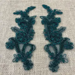 1 Pair Beaded & Corded Floral Lace Applique 9" x 2.5" Each Side Hunter