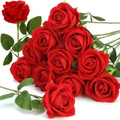 12 Pcs Red Roses Artificial Flowers, Fake Velvet Silk Roses in Bulk