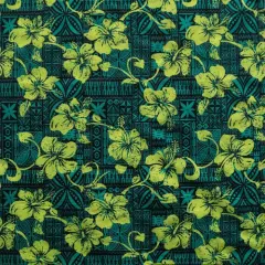 1 Yard Hibiscus Traditional Tapa Design Fabric, 100% Polyester, 60 Inches Width Green