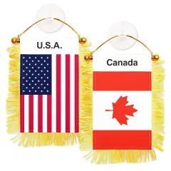 G128 Combo Pack: American USA & Canada Canadian Fringy Flag Double Sided 3x5 In | Both Fringy Hanging Flag with Suction Cup