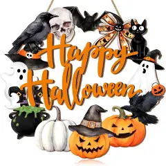 Happy Halloween Wood Wreath Ghost Black Cat Pumpkin Skull