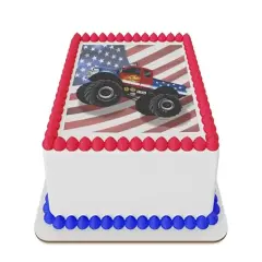 Patrotic Monster truck with flag Edible Icing Sheet cake topper for 1/4 Sheet cake or larger