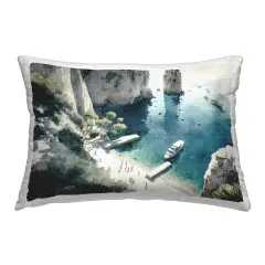 Boats on Rocky Shore Outdoor Printed Pillow Design by Svetlana Aleynikova, 14 x 7 x 20