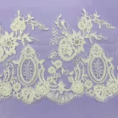 1 Yard Elegant Beaded & Corded Lace Trim on 100% Polyester Mesh, Floral Embroidery Design Ivory