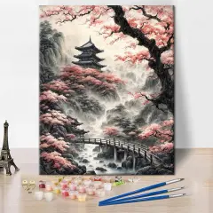 Japanese Temple Paint by Number Kits for Adults Beginners,Tree Adults Paint by Numbers Kits,DIY Pink Cherry Blossom Paint by Numbers Kits on Canvas for Home Wall Decor 16x20inch Frameless