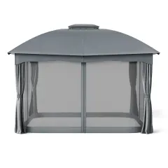 Polyester and Steel Gazebo with Mesh Walls, Curtains and Double Roof Grey