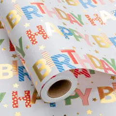 Colorful Wrapping Paper Roll, Happy Birthday Gift Wrap - 17 In X 32.8 Ft - 1 Roll (46.5 sq.ft.ttl.) Foil Happy Birthday Lettering & Candles Wrapping Paper for Birthday, Baby Shower, Party