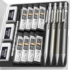 4 Pack Mechanical Pencil 0.7mm with Case, MB1000 Metal Mechanical Pencil Set with 8 Tube HB #2 Lead Refill 0.7 mm, 3PCS 4B Eraser, 9 Cap Eraser for Artist Drafting Writing, Sketching, Drawing