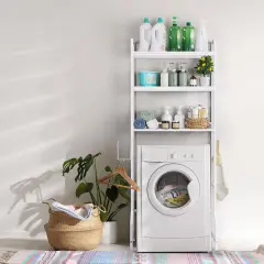 3-Tier Over-The-Toilet Storage Shelf with Toilet Paper Holder | 35.6" Height-Adjusted White Wooden Organizer | Anti-Tip Space Saver for Small Bathrooms & Laundry Rooms