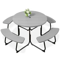 Best Choice Products 8-Person Circular Outdoor Picnic Table w/ 4 Benches, Umbrella Hole, 2000lb Capacity Light Gray