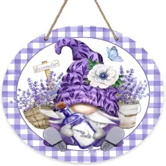 Gnome Lavender Flower Sign for Front Door Decor, Anemone Purple Buffalo Plaid Wood Door Hanger for Outdoor Outside Porch, Summer Farmhouse Wooden Wreath Indoor Wall Hanging Decoration