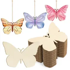 Wooden Butterfly Ornaments to Paint Spring Decoration Cutouts Unfinished 24PCS 3.5 x 3 inches, DIY Blank Unfinished Wood Discs Ornament for Home Crafts Hanging Easter St. Patrick Day Decoration