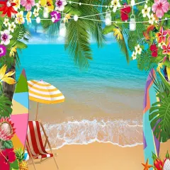 Summer Hawaiian Beach Backdrop for Photography Tropical Flower Aloha Backdrop Blue Sky Ocean Palm Leaves Background Birthday Party Decor Baby Shower Photoshoot