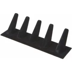 Plymor Black Velvet Ring Finger Display, Five on Rectangular Base, 8" W x 2.125" D x 2.5" H