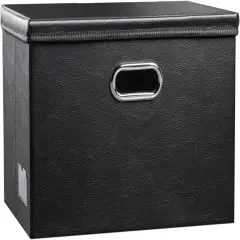 Large Collapsible Storage Bin with Lid [1-Pack] Leather Fabric Foldable Storage Box Organizer Containes Basket Cube with Cover for Home Bedroom Closet Office Nursery Black