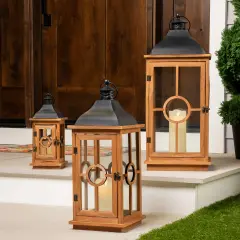 Northlight Natural Wood Candle Lanterns with Black Metal Tops - 26.5" - Set of 3 Brown