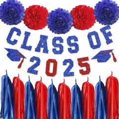 Blue Red Class Of 2025 Graduation Banner Pom Poms Flowers Paper Tassel Garland Decoration College Grad Party Supplies