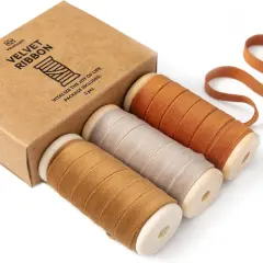 Fall Velvet Ribbon Set 3/8" x 15 Yd for Gift Wrapping - Khaki Terracotta & Nude