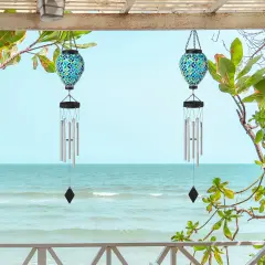 Set of 2 37"H Solar Lighted Metal and Glass Mosaic Windchime 2pcs-Multicolor