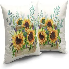 Sunflower Pillow Covers Spring Summer Floral Throw Pillow Covers Set of 2 Sunflowers with Eucalyptus Leaves Farmhouse Pillow Case 18x18 for Sofa Car Patio, Cotton Linen