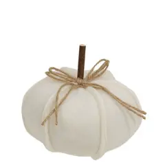 Cream Colored Fleece Pumpkin with Jute Bow and Wood Stem Decorative Accent for Fall Settings