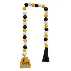 Wood Beehive Bead Garland with Tassel and Bee Happy Cutout
