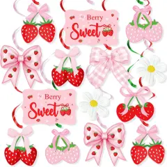 Pink Bow Strawberry Party Hanging Swirls Decorations, Berry Sweet Strawberry Theme Party Foil Ceiling Swirl for Summer