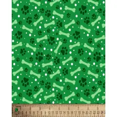 Pets Paw Prints and Dog Bones Green Cotton Fabric | By the Yard | Sewing and Crafting | 44 inches wide