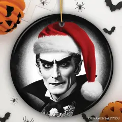Vintage Dracula with a Santa Hat Ceramic Ornament, Horror Themed Christmas Decor for Halloween Tree Circle