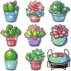 8 Pcs DIY Diamond Art Painting Green Plants Coasters with Holder, Succulent Coasters Diamond Art Kits for Adults Beginners. Diamond Craft Supplies Coasters DR04