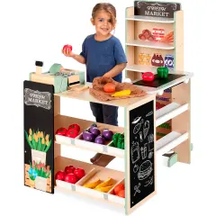 Best Choice Products Kids Pretend Play Grocery Store Wooden Supermarket Set w/ Chalkboard, Cash Register Natural