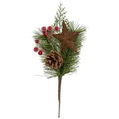 12&rdquo; Tall Brush Pine and Sugar Berry Pick With Rusty Star and Sturdy Brown Wrapped Stem