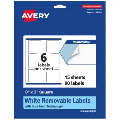 Avery Matte White Removable Square Labels with Sure Feed Technology, Print-to-the-Edge, 3" x 3"