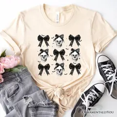 Coquette Skulls and Bows T-Shirt, Gothic Halloween Tee for Stylish Women