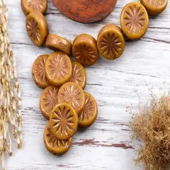 *15* 12mm Copper Washed Opaque Orange MustardAster Flower Coin Beads