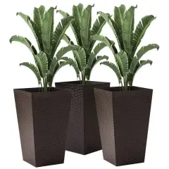 Set of 3 Tall Faux Rattan Flower Pots Stackable Indoor Outdoor Planters with Drainage Hole Brown