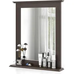 Rectangular MDF Bathroom Wall Mirror with Shelf and Adjustable Frame Wood Finish for Small Spaces Dark Brown