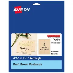 Avery Kraft Brown Postcards, 4.25" x 5.5", Laser/Inkjet, 80 Printable Postcards, Also Great for Thank You Cards and Invitations (5629)